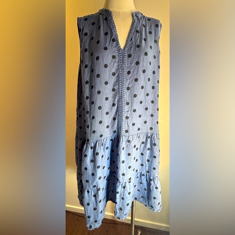 ROSEMARINE Sz XL Blue Polka Dot Sleeveless Dress V-Neck Ruffle Hem 100% Linen